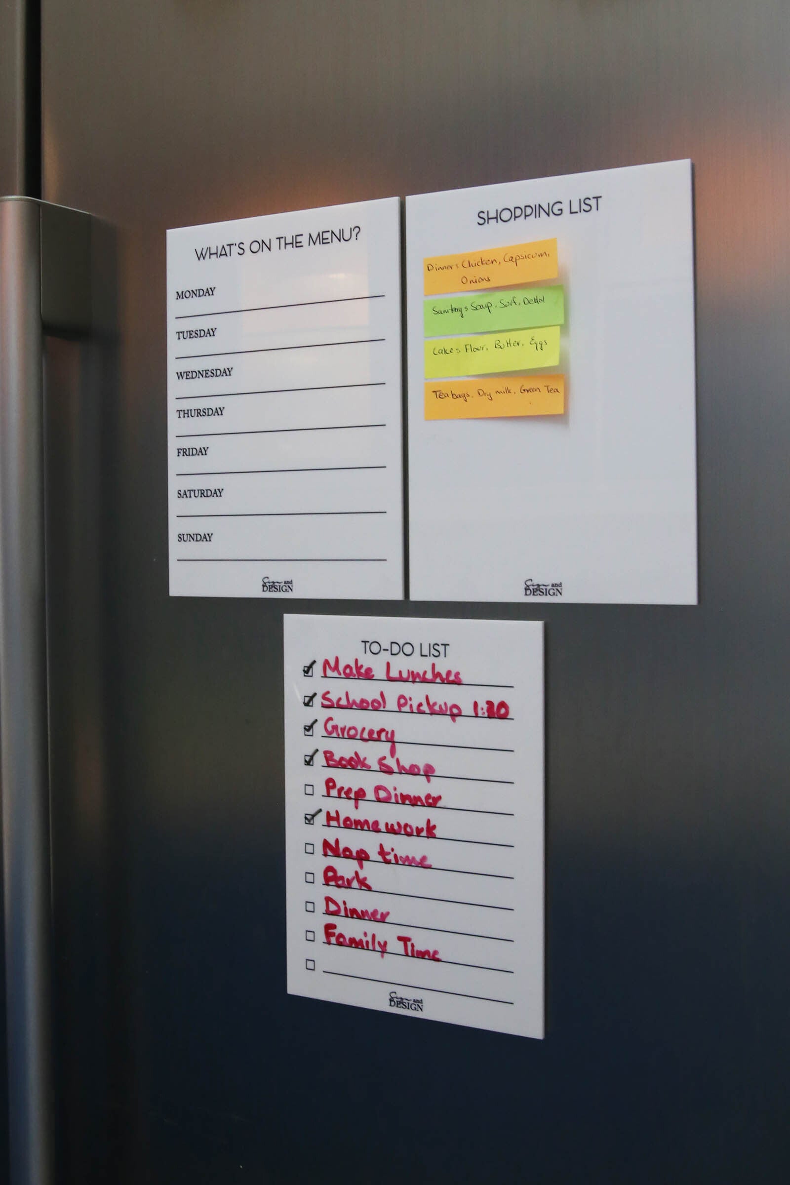 Magnetic fridge planners set with menu, shopping list, and to-do list for home organization