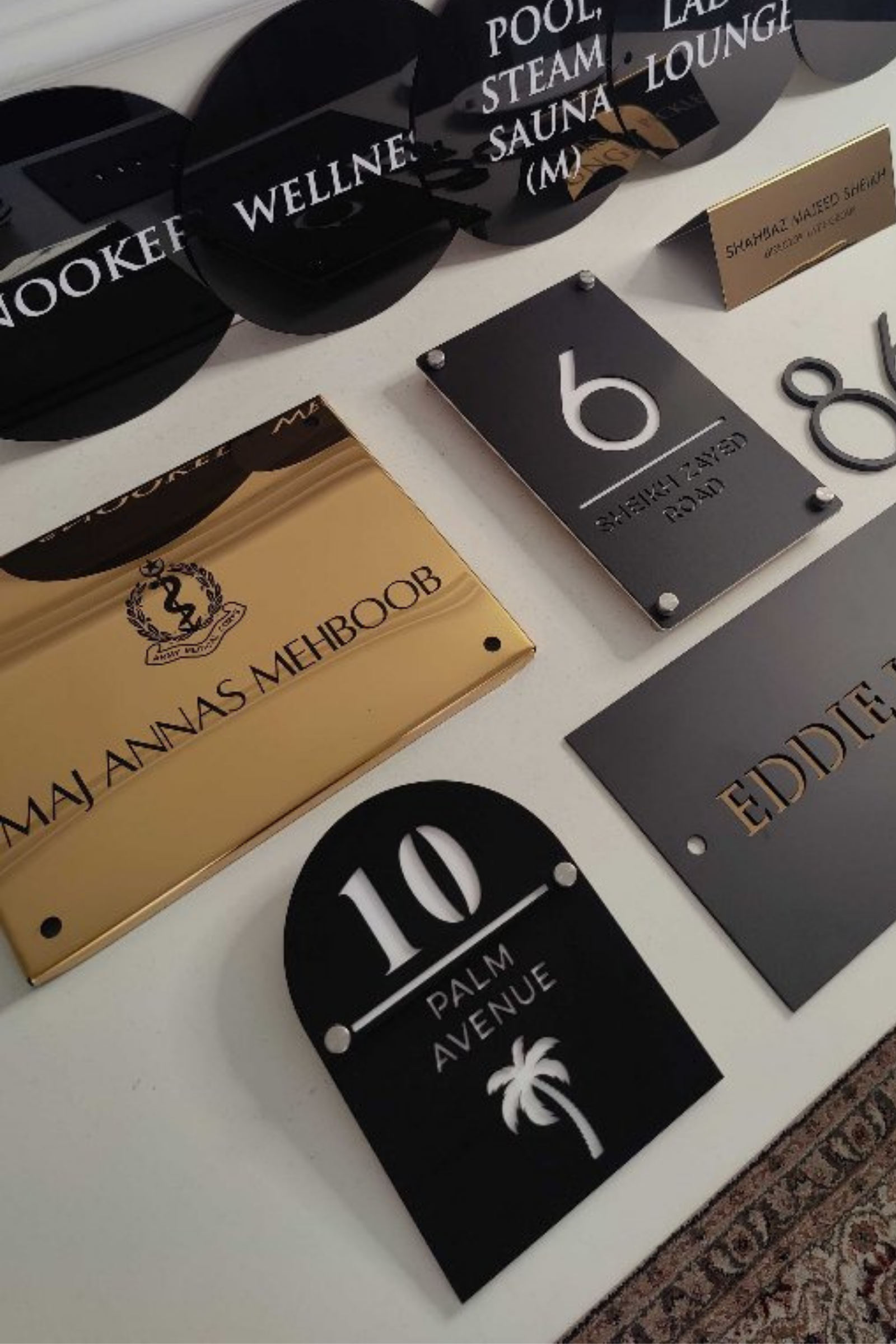 Modern custom acrylic house number signs with names, illuminated for home or office decor